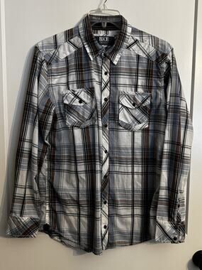 BKE Buckle Plaid Shirt Standard Fit Pearl Snap Western Blue White Brown Sz L